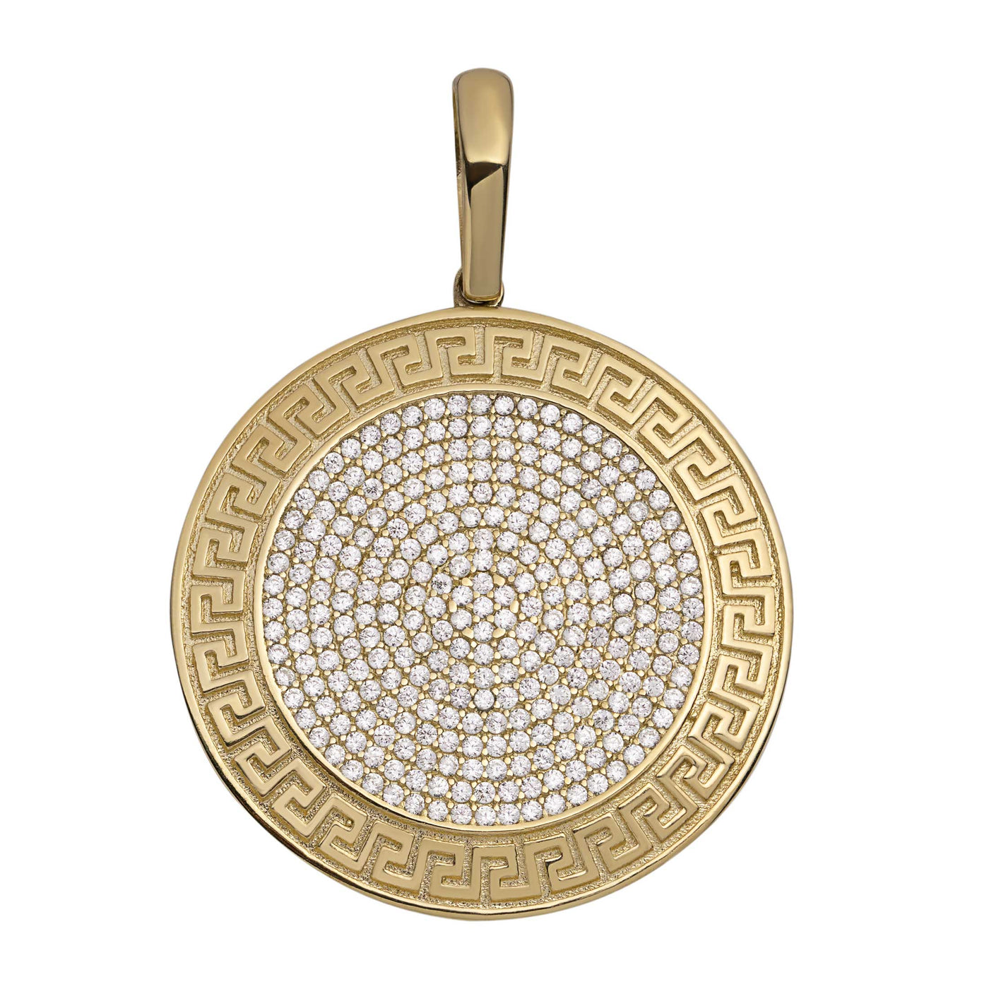 1 3/4" Cubic Zircon Medallion Greek Style Pendant Solid 10K Yellow Gold
