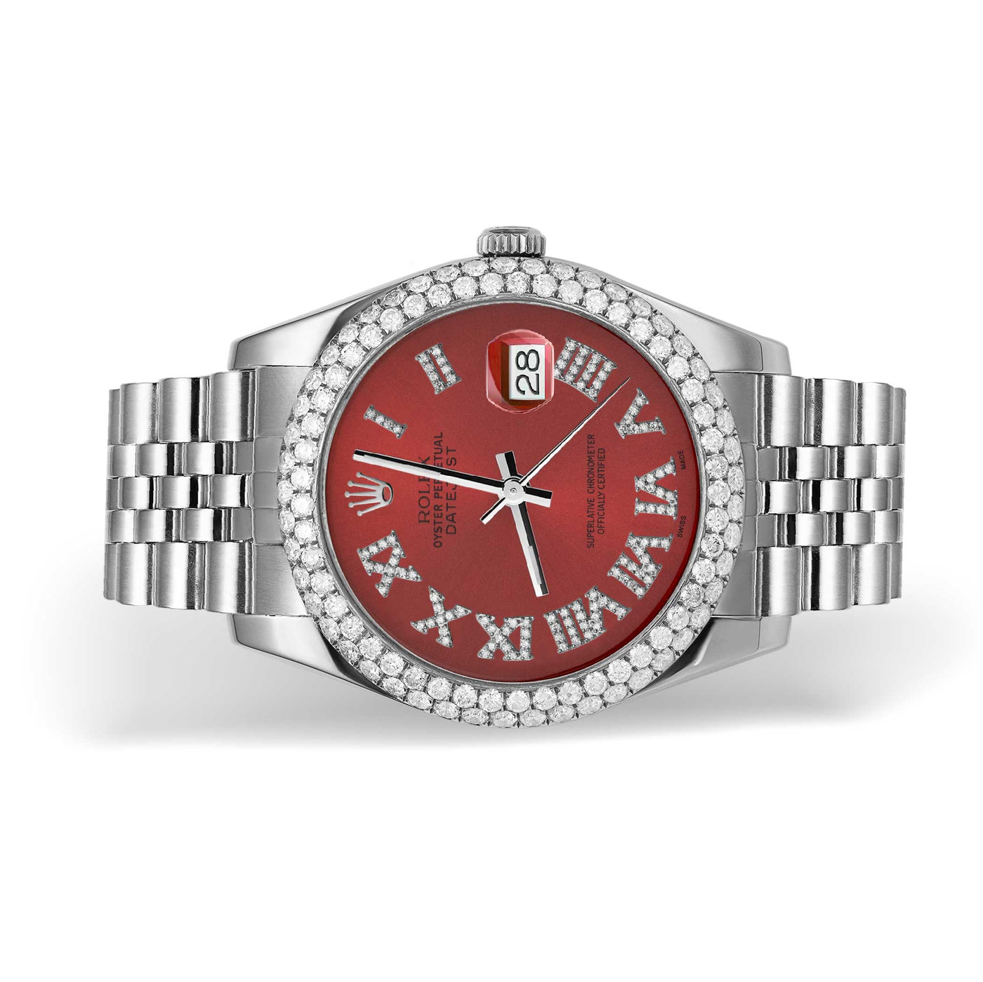 Rolex Datejust Diamond Bezel Watch 41mm Red Roman Dial | 5.25ct