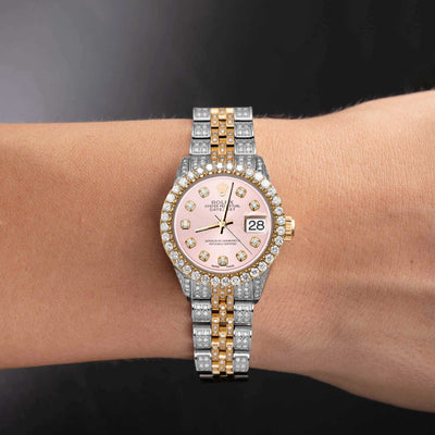 Women Rolex Datejust Diamond Bezel Watch 26mm Pink Dial | 6.20ct