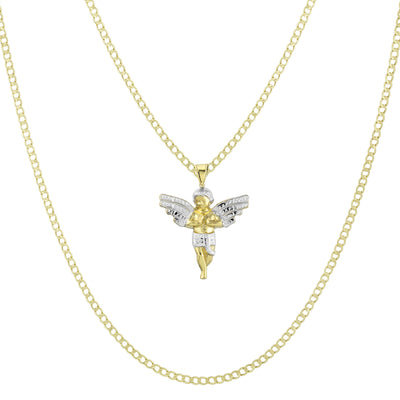 1 1/4" Praying Angel Pendant & Chain Necklace Set 14K Yellow White Gold