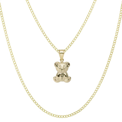 1 1/4" Reversible Teddy Bear Pendant & Chain Necklace Set 10K Yellow White Gold