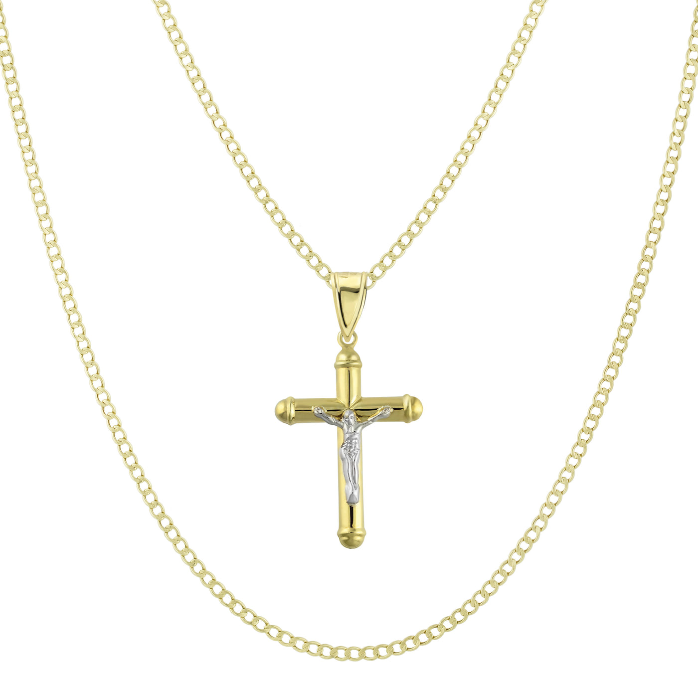 1 3/4" Jesus Crucifix Cross Tube Pendant & Chain Necklace Set 10K Yellow White Gold