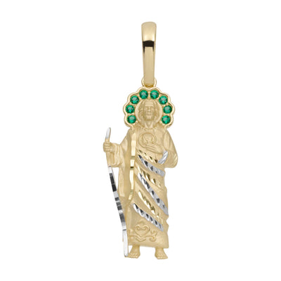 1 1/2" St. Jude with Emerald CZ Halo Pendant 10K Yellow Gold