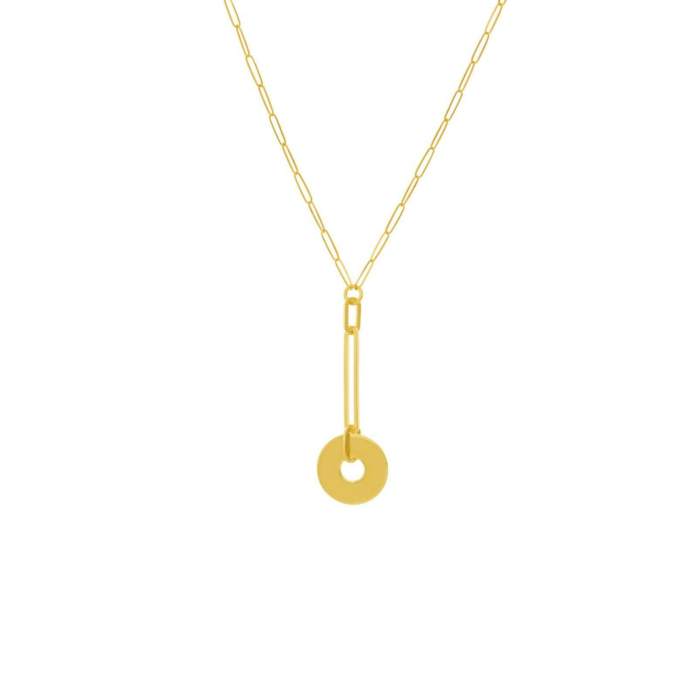 Paperclip Disk Drop Lariat Necklace 14K Yellow Gold