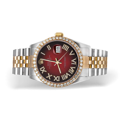 Rolex Datejust Diamond Bezel Watch 36mm Burgundy Red Roman Dial | 2.15ct