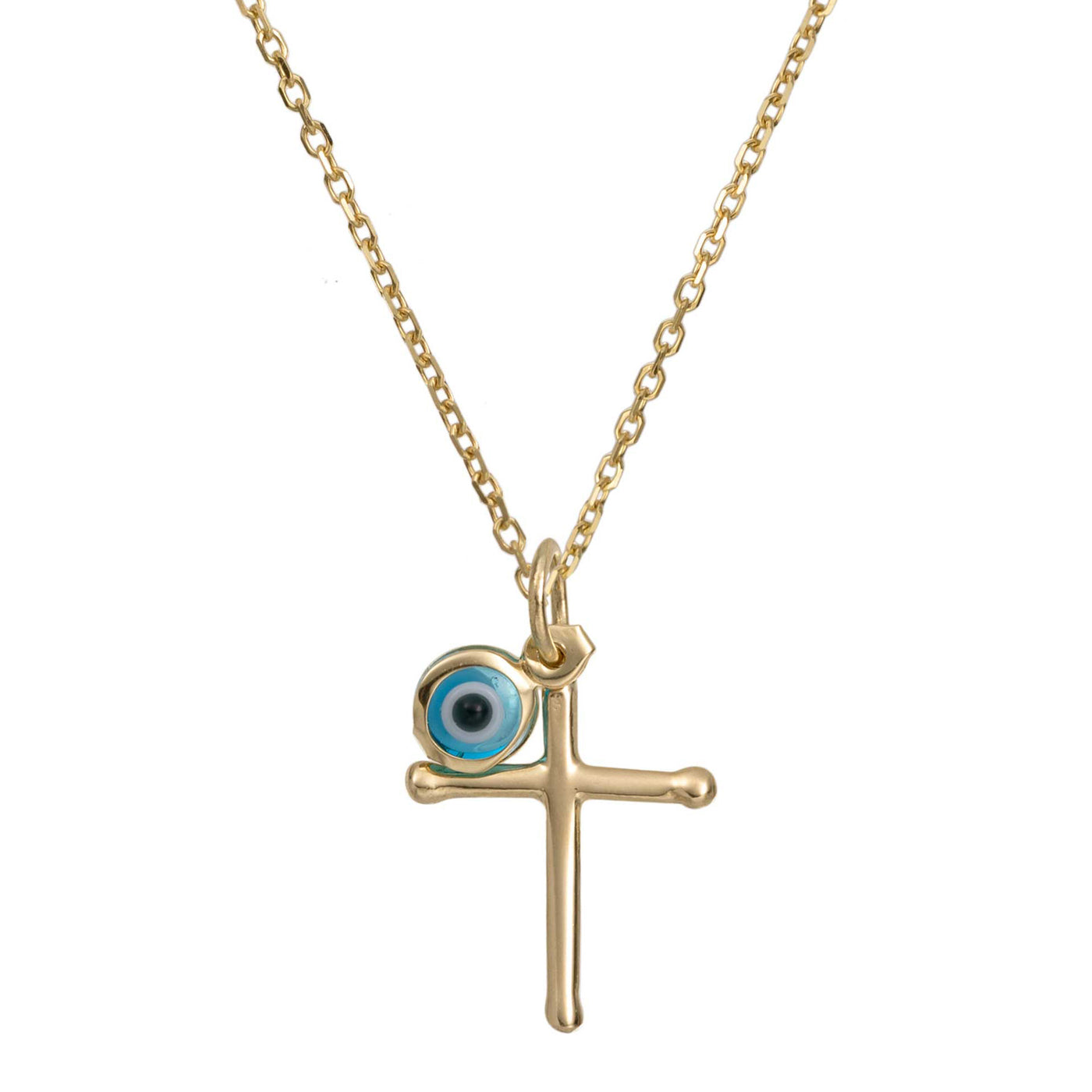 Mini Cross Evil Eye Pendant Necklace 14K Yellow Gold