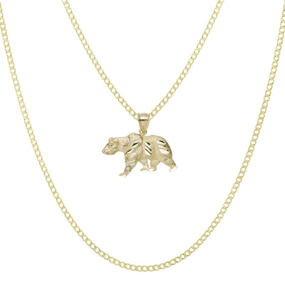 1" Diamond Cut Bear Pendant & Chain Necklace Set 10K Yellow Gold