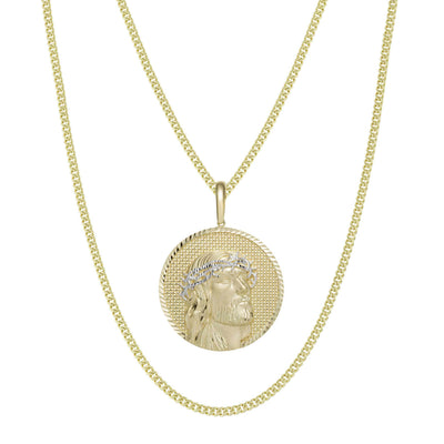 Diamond Cut Face Of Jesus Medallion Two Tone Pendant & Chain Necklace Set 10K Yellow White Gold