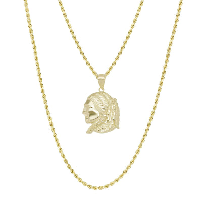 Textured Indian Chief Pendant & Chain Necklace Set 10K Yellow Gold