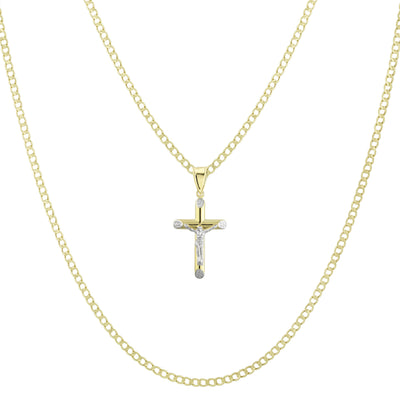 1 1/4" Jesus Cross Crucifix Pendant & Chain Necklace Set 14K Yellow White Gold