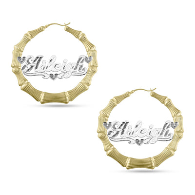 Ladies Diamond Script Name Plate Bamboo Hoop Earrings 14K Gold - Style 131