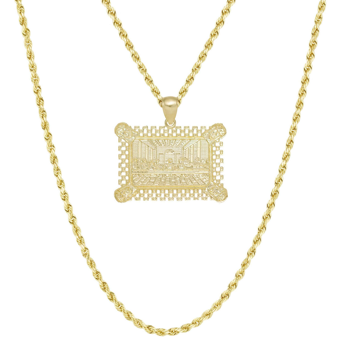 1 1/2" Rectangle Railroad Last Supper Medallion Pendant & Chain Necklace Set 10K Yellow White Gold