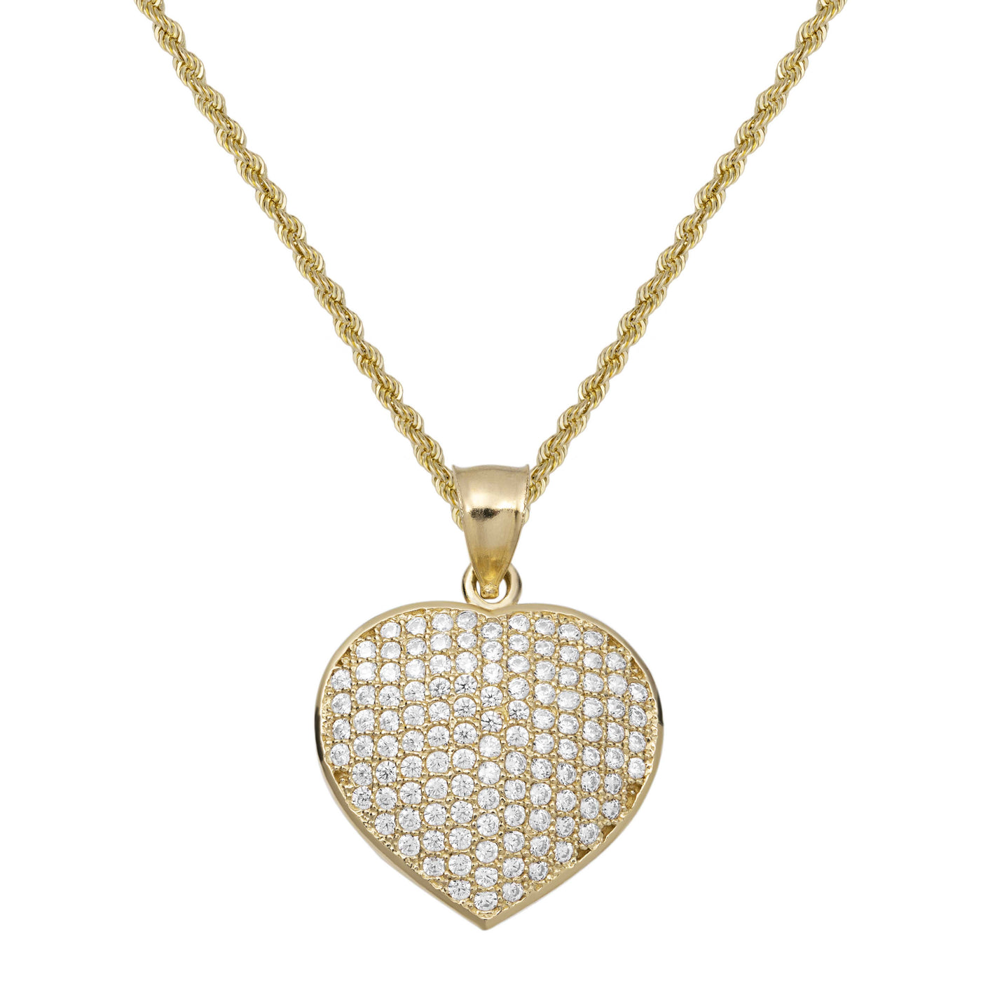 CZ Puffed Heart Pendant Necklace 10K Yellow Gold