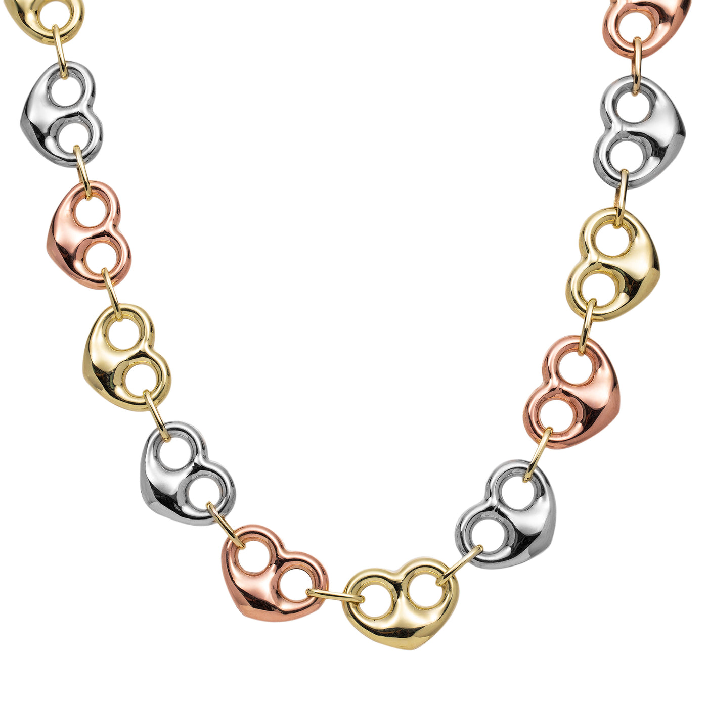 Women's Puffed Heart Shape Link Necklace 10K & 14K Tri-Color Gold