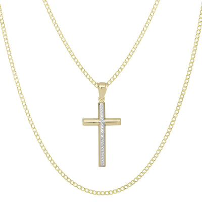 1 3/4" Diamond-Cut Cross Pendant & Chain Necklace Set 10K Yellow White Gold