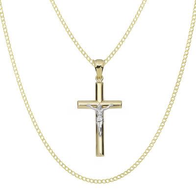 1 3/4" Jesus Cross Crucifix Pendant & Chain Necklace Set 14K Yellow White Gold