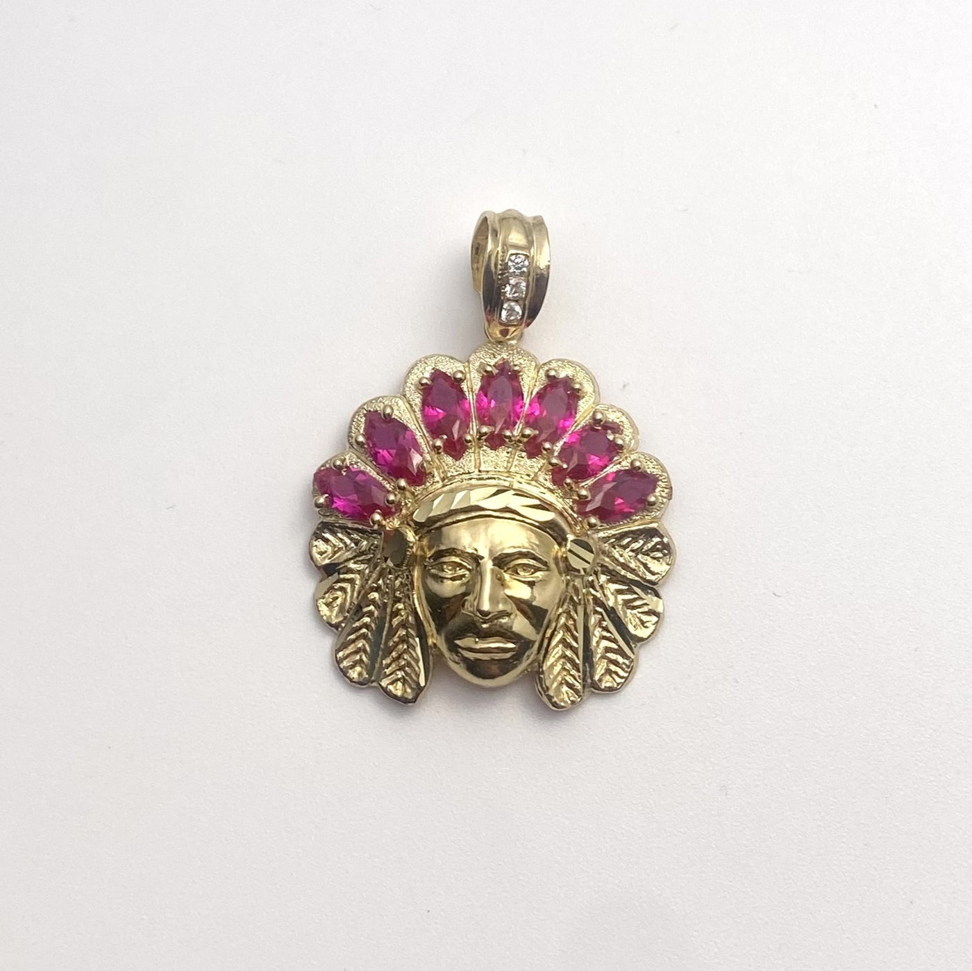1 3/4" CZ Ruby Indian Chief Pendant Solid 10K Yellow Gold