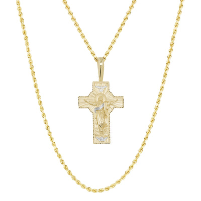 Textured Crucifix Jesus Cross Pendant & Chain Necklace Set 10K Yellow White Gold