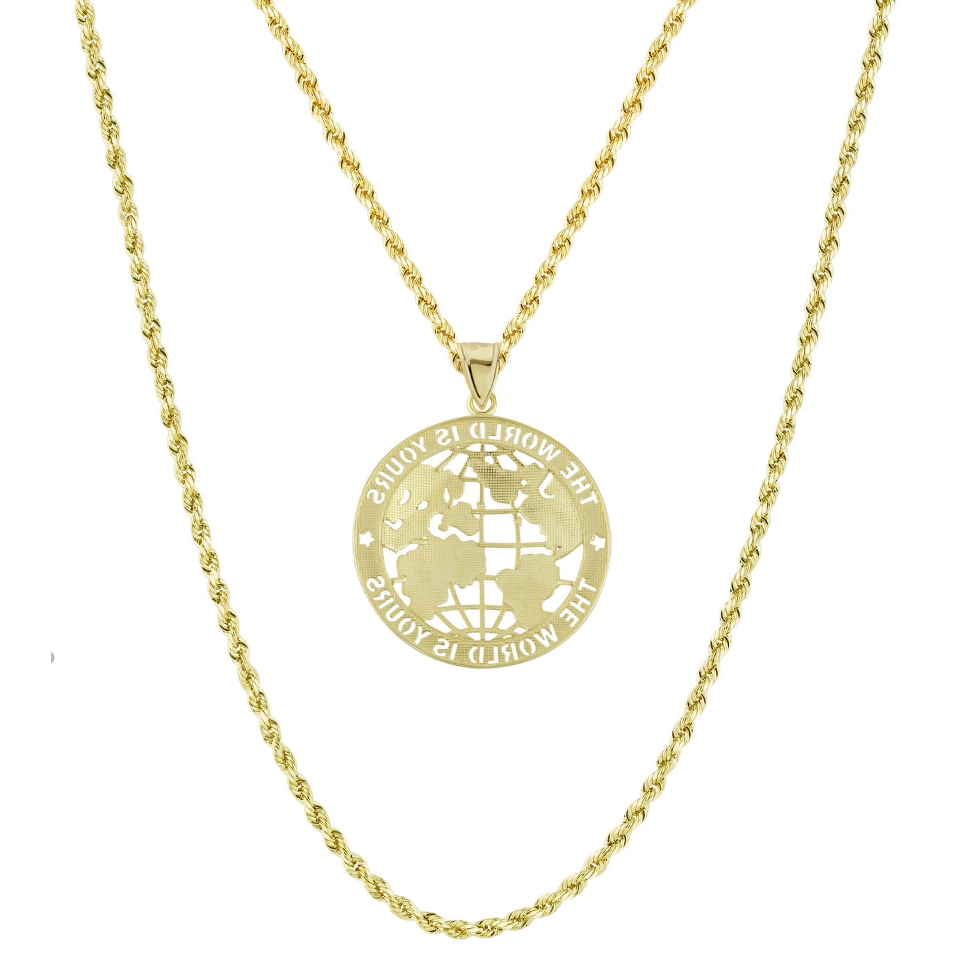 1 3/4" Two-Tone "The World is Yours" Pendant & Chain Necklace Set 10K Yellow White Gold
