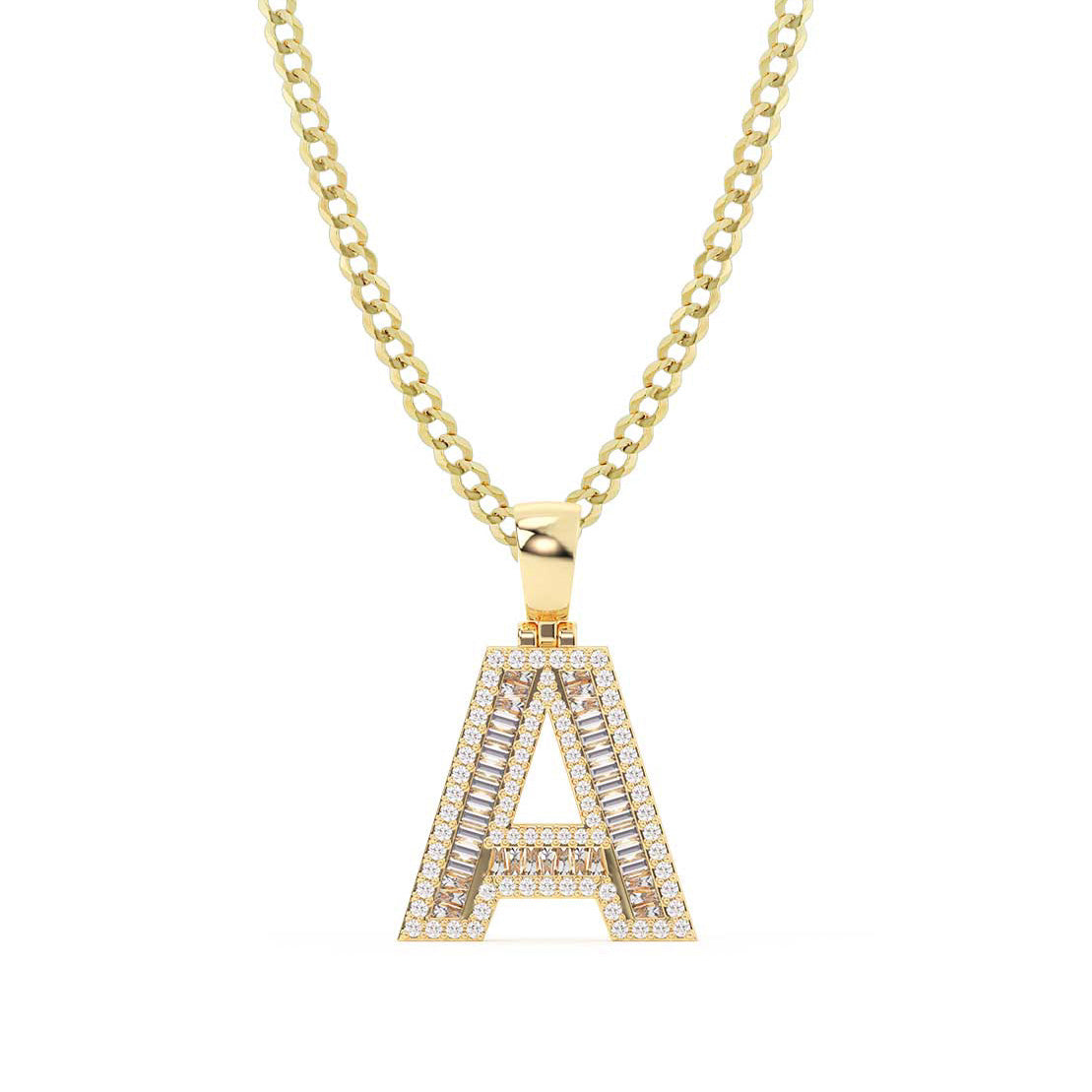 Women's Baguette & Round Cut Diamond "A" Initial Pendant Necklace 0.65ct 14K Gold