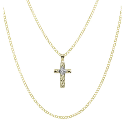 1 3/8" Textured Cross Pendant & Chain Necklace Set 10K Yellow White Gold