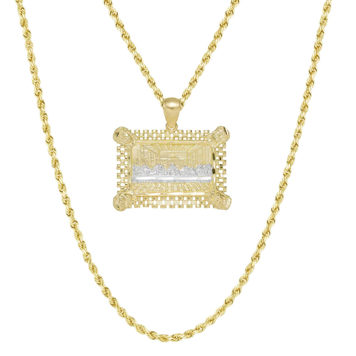 1 1/2" Rectangle Railroad Last Supper Medallion Pendant & Chain Necklace Set 10K Yellow White Gold