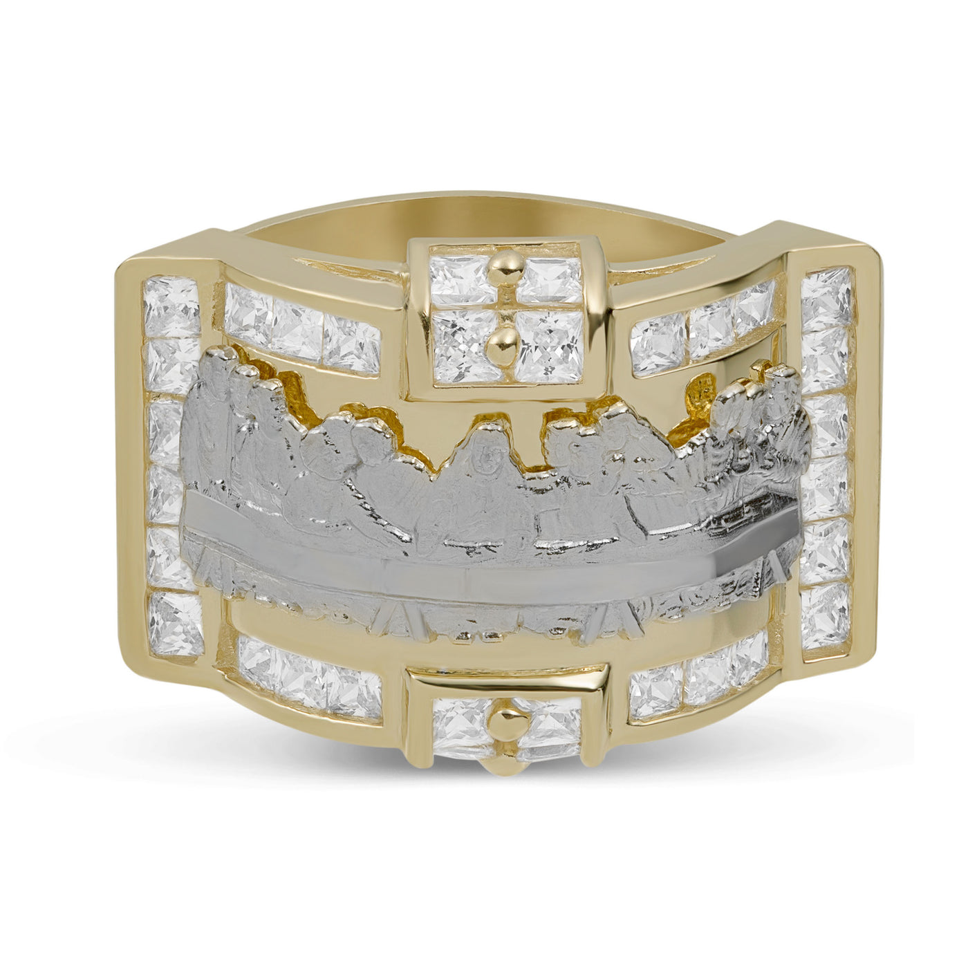 Men's Large Rectangle Textured CZ Last Supper Ring Solid 10K Yellow Gold