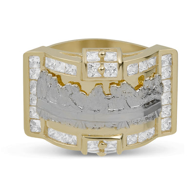 Men's Large Rectangle Textured CZ Last Supper Ring Solid 10K Yellow Gold