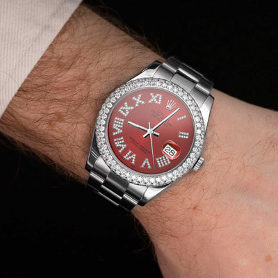 Rolex Datejust Diamond Bezel Watch 41mm Red Roman Dial | 3.15ct