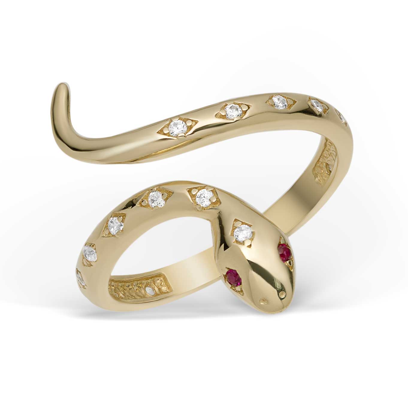Women's CZ Ruby Eyes Snake Ring 10K Yellow Gold