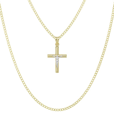 1 1/4" Jesus Cross Crucifix Pendant & Chain Necklace Set 10K Yellow White Gold