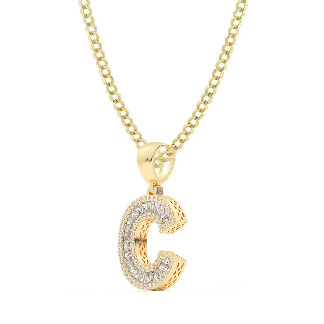 Baguette & Round Cut Diamond "C" Initial Pendant Necklace 0.51ct 14K Gold