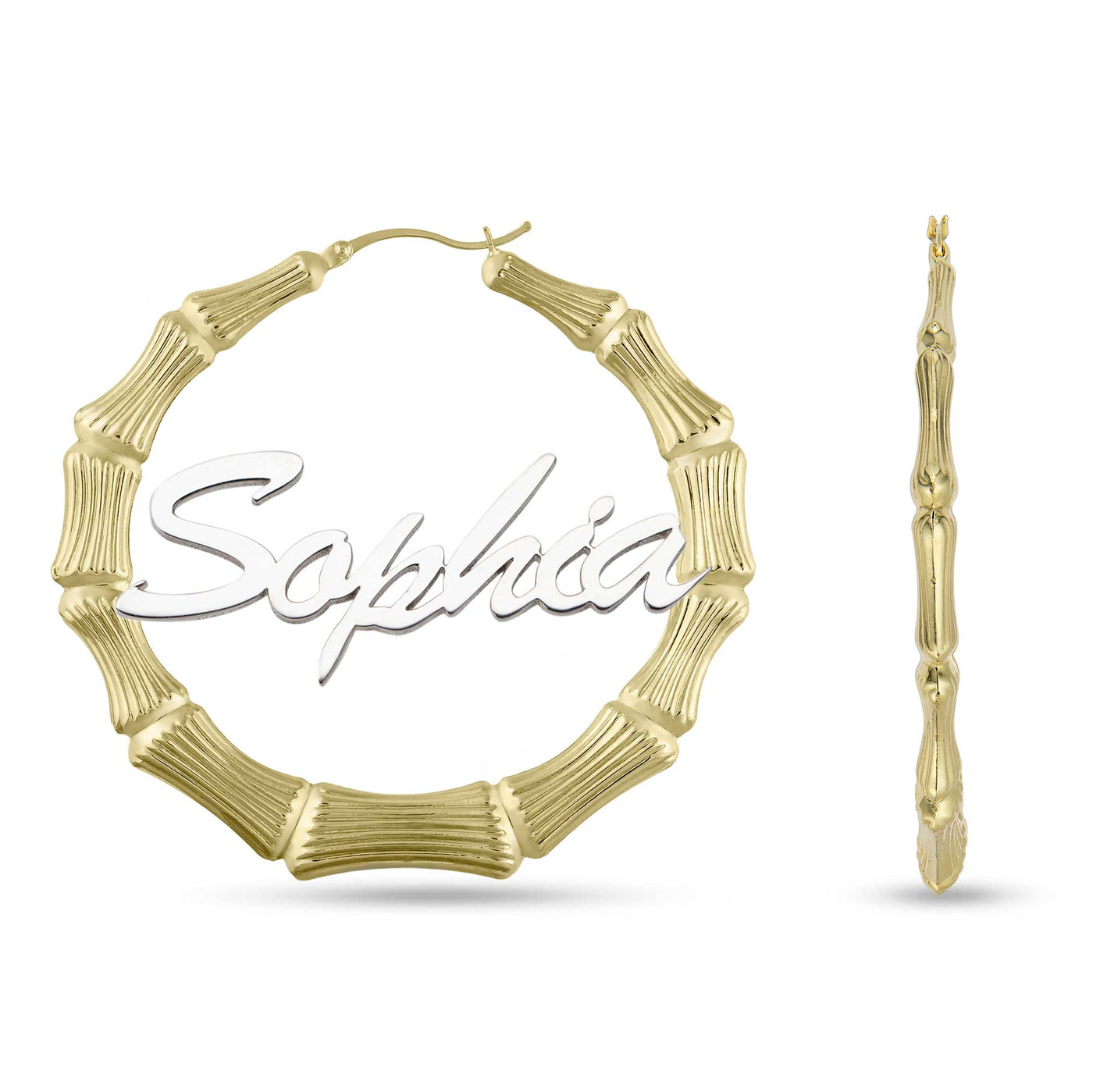 Ladies Script Name Plate Bamboo Hoop Earrings 14K Gold - Style 51
