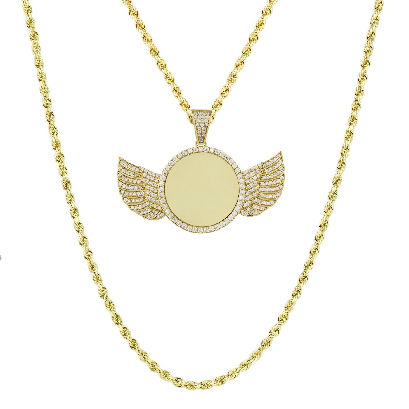 1 3/8" Angel Wings Picture Frame Memory CZ Pendant & Chain Necklace Set 10K Yellow Gold