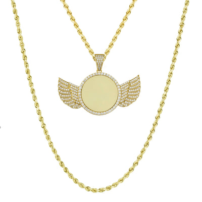 1 3/8" Angel Wings Picture Frame Memory CZ Pendant & Chain Necklace Set 10K Yellow Gold