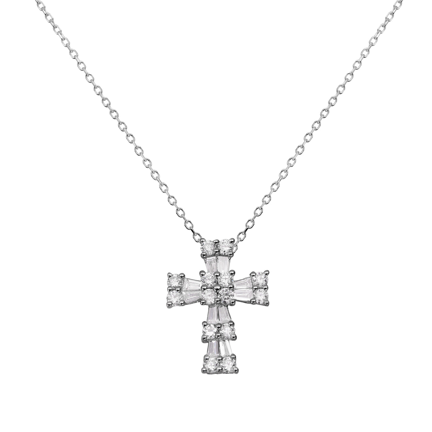 1/2" Cross Baguette & Round 0.45ct Diamond Pendant Necklace 14K White Gold