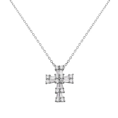 1/2" Cross Baguette & Round 0.45ct Diamond Pendant Necklace 14K White Gold