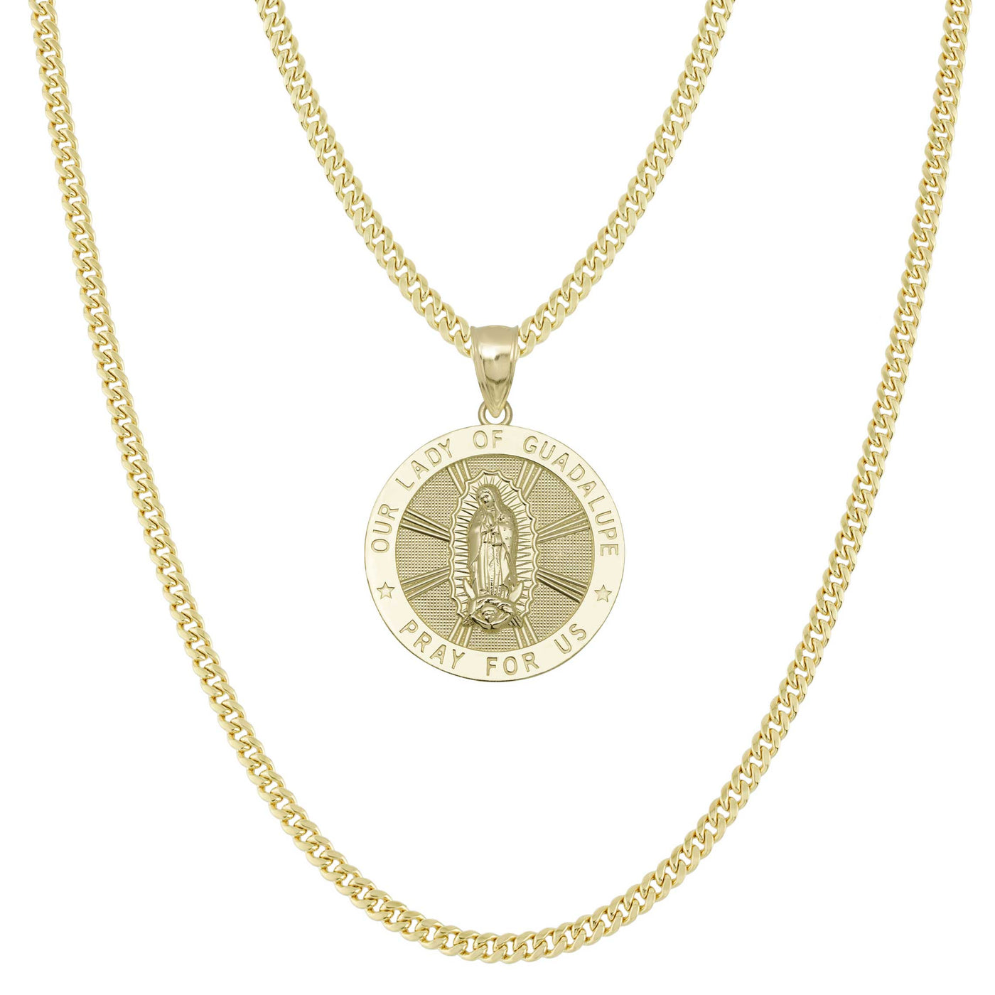 Lady Guadalupe Virgin Mary Medallion Pendant & Chain Necklace Set 10K Yellow Gold