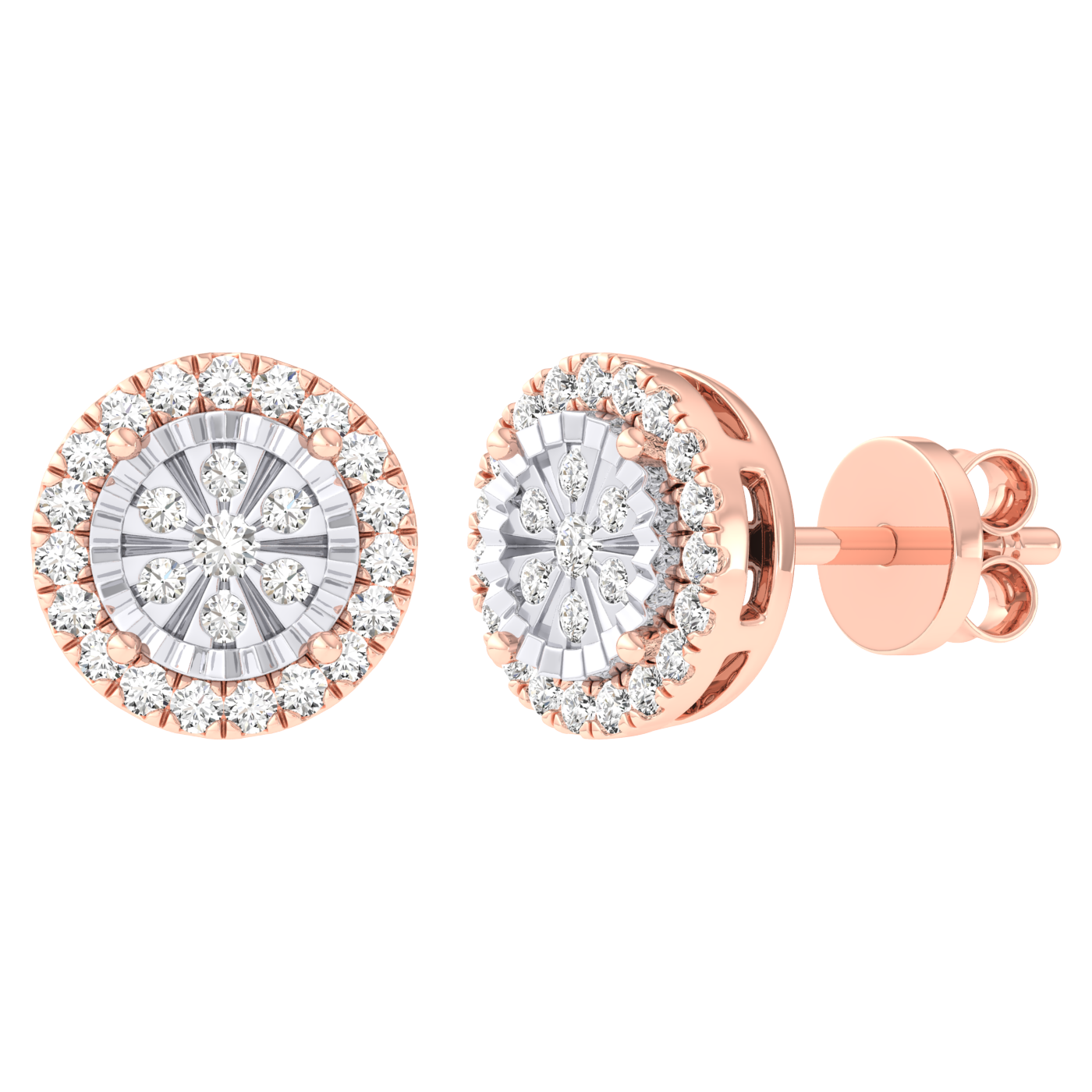 Women's Diamond-Cut Framed Halo Cluster Diamond Stud Earrings 14K Gold