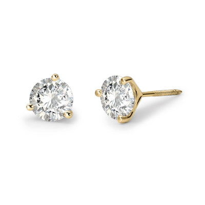 Men's Three Prong Round-Cut Solitaire Diamond Stud Earrings 14K Gold