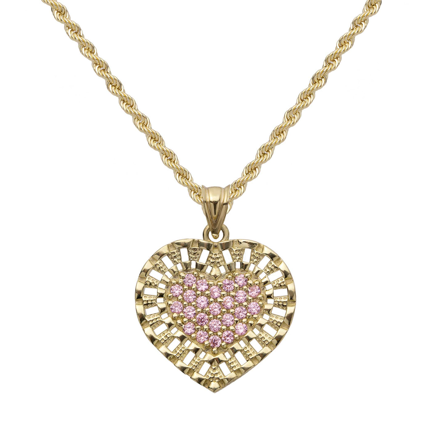 1" Pink CZ Railroad Heart Necklace 10K Yellow Gold