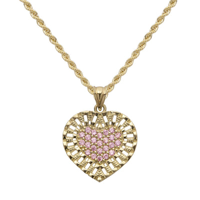 1" Pink CZ Railroad Heart Necklace 10K Yellow Gold