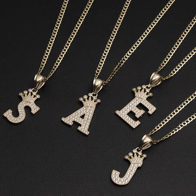 CZ Crown Initial Letter Necklace 10K Yellow Gold
