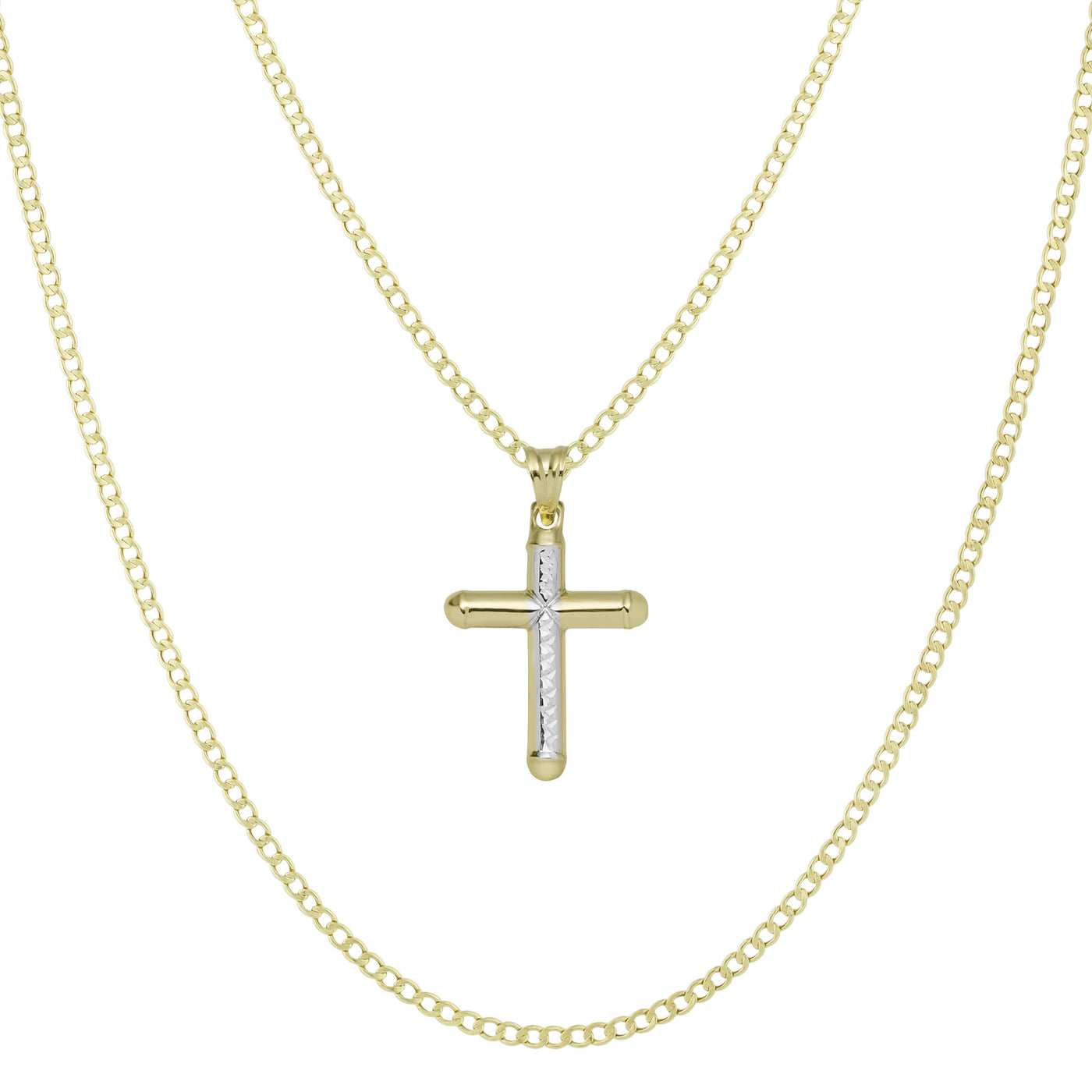1 3/8" Diamond-Cut Cross Tube Pendant & Chain Necklace Set 10K Yellow White Gold