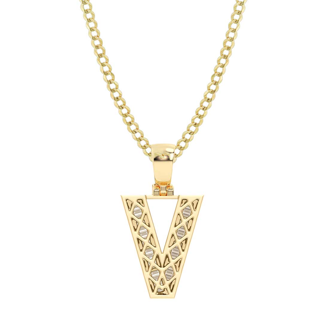 Women's Baguette & Round Cut Diamond "V" Initial Pendant Necklace 0.53ct 14K Gold
