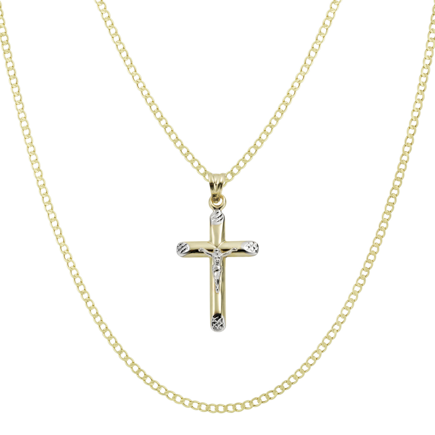 1 1/2" Diamond Cut Jesus Cross Crucifix Two-Tone Pendant & Chain Necklace Set 10K Yellow White Gold