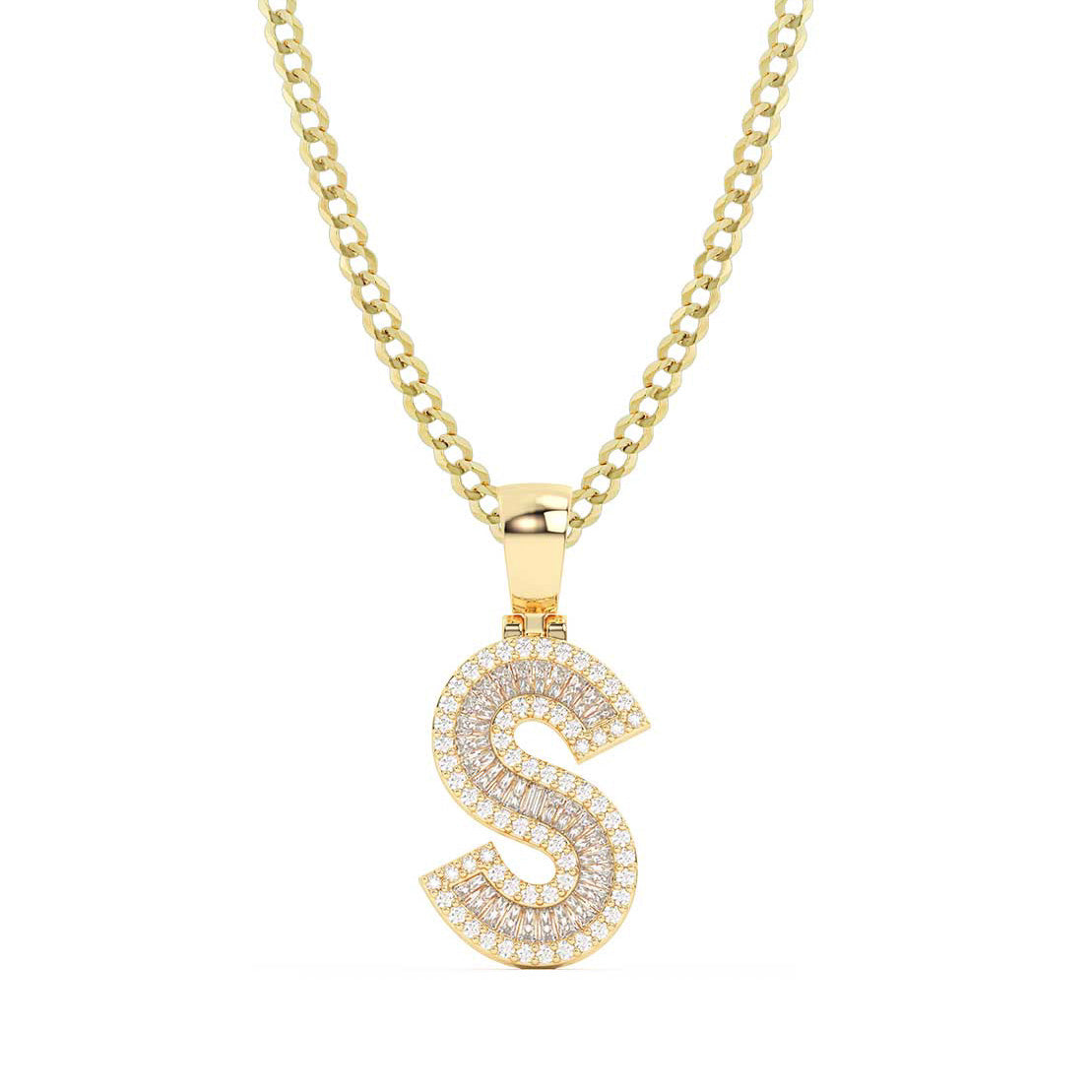 Baguette & Round Cut Diamond "S" Initial Pendant Necklace 0.58ct 14K Gold