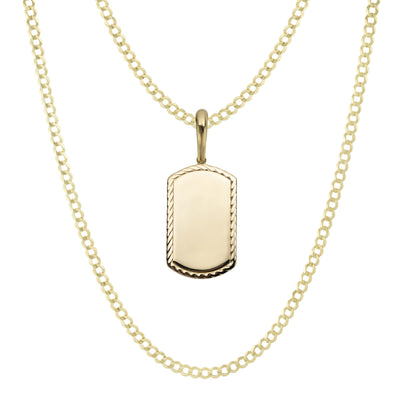 2" Textured Dog Tag Pendant & Chain Necklace Set 10K Yellow Gold
