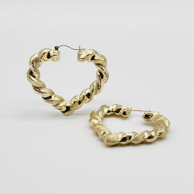 1 1/2" Textured Heart Hoop Earrings 10K Yellow Gold