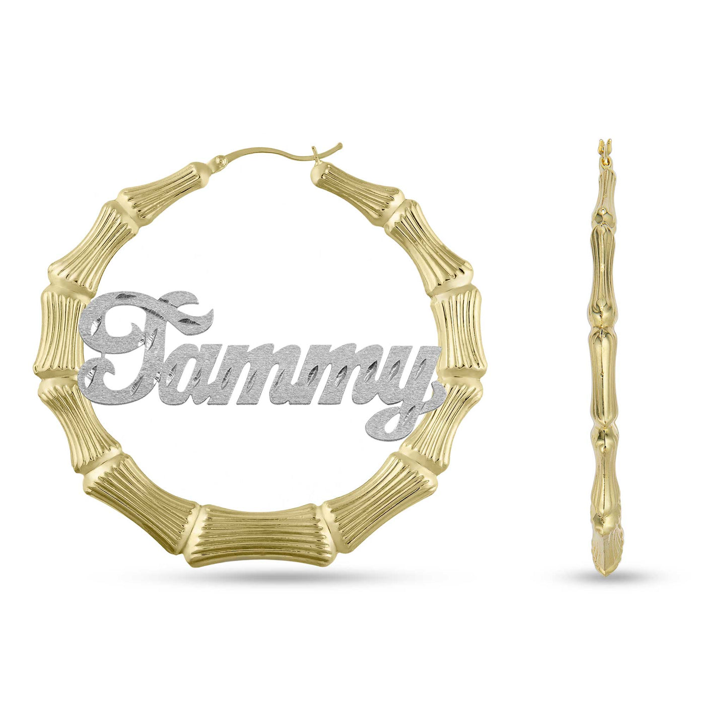 Ladies Script Name Plate Bamboo Hoop Earrings 14K Gold - Style 125